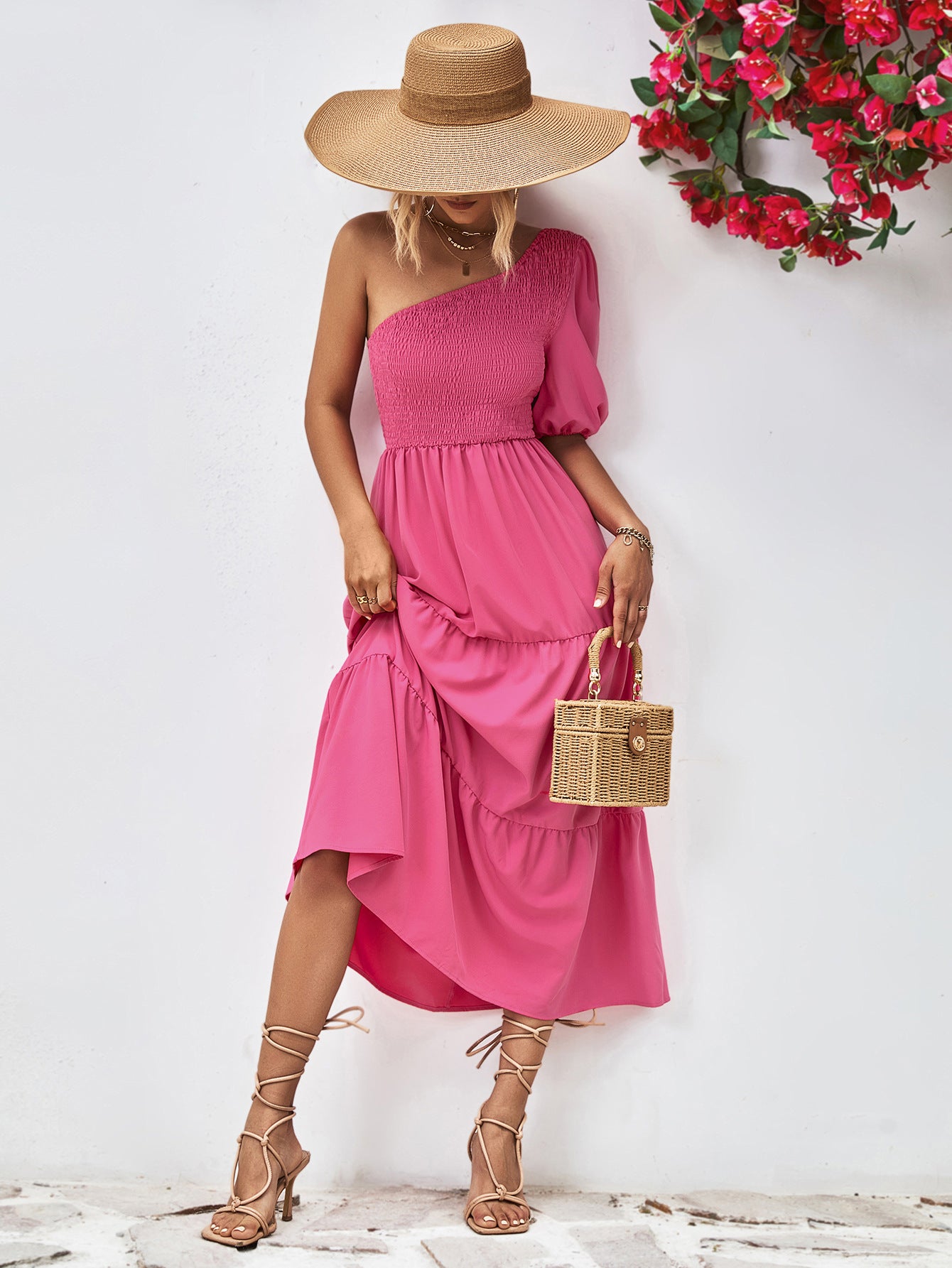 Smocked One-Shoulder Midi Dress Trendsi