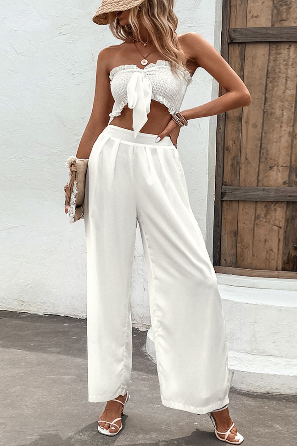 Smocked Tube Top and Wide Leg Pants Set Trendsi