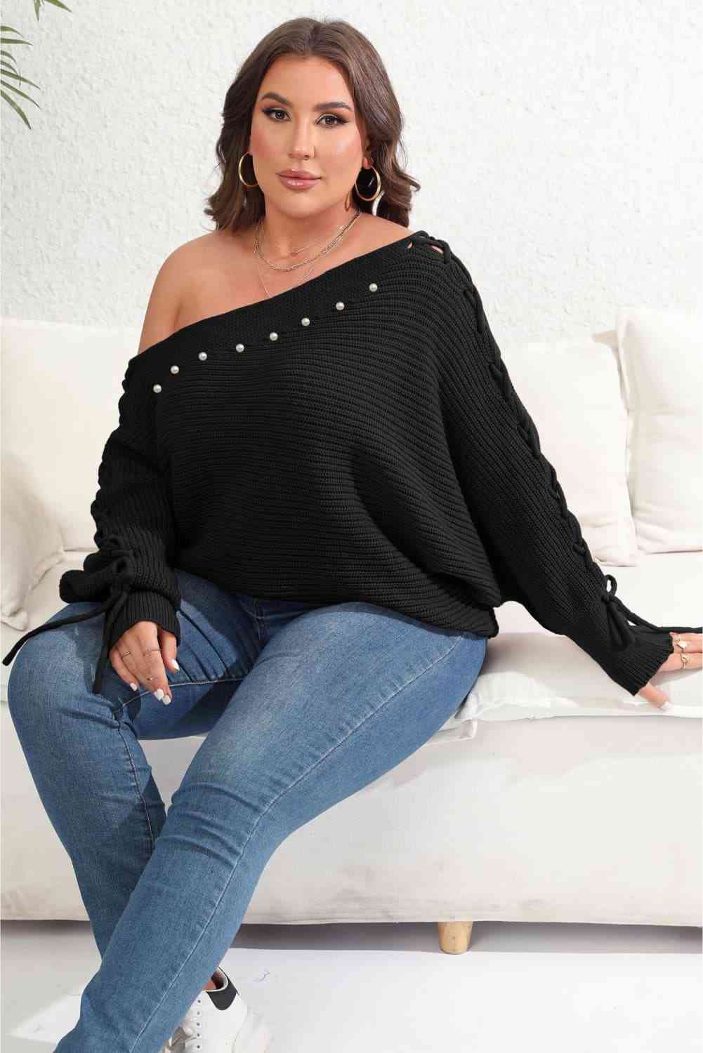 Plus Size One Shoulder Beaded Sweater Trendsi