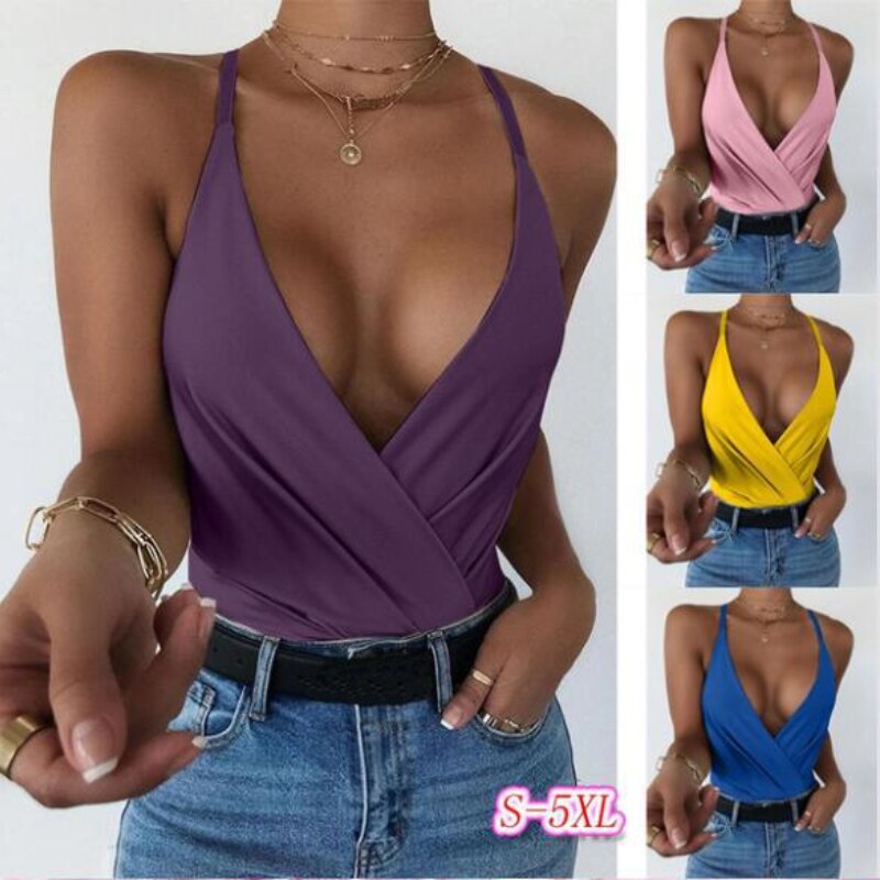 Sexy Plus Size Tank Top Wrap Deep V Neck Cut Out Halter Crop Tops Women Oversized Backless Camis Female Sleeveless Cropped Vest Rose’Mon Retail