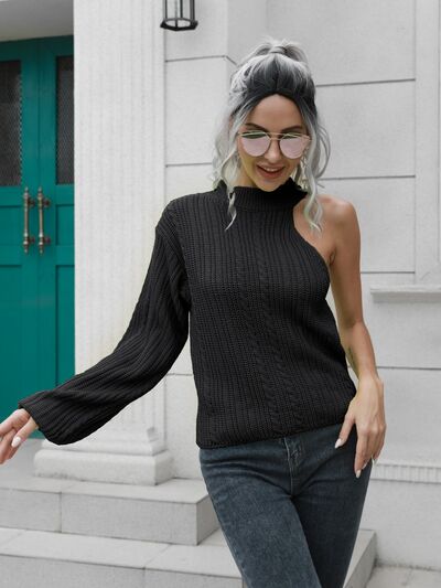 Cable-Knit Round Neck Asymmetrical Sweater Trendsi