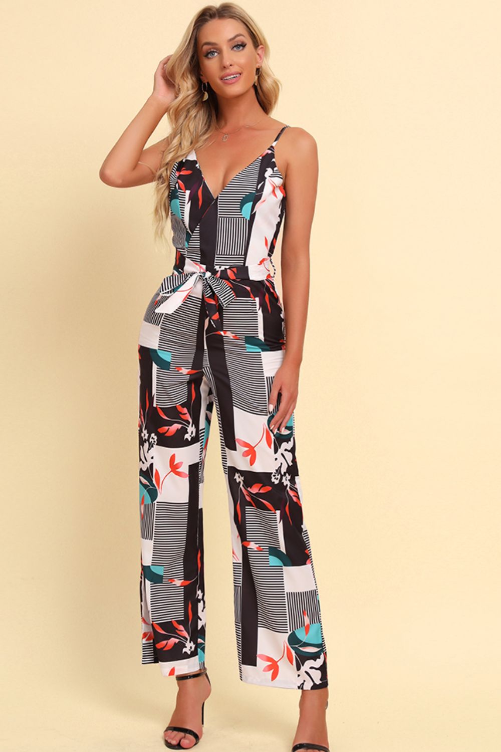 Printed Spaghetti Strap Tied Jumpsuit Trendsi