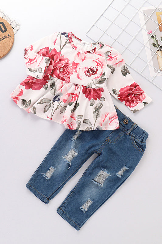 Girls Floral Babydoll Top and Jeans Set Trendsi