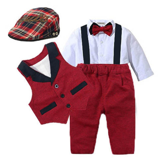 Baby Suits Newborn Boy Clothes Romper + Vest + Hat Formal Clothing Outfit Party Bow Tie Children Toddler Birthday Dress 0- 24 M - Rose’Mon Retail