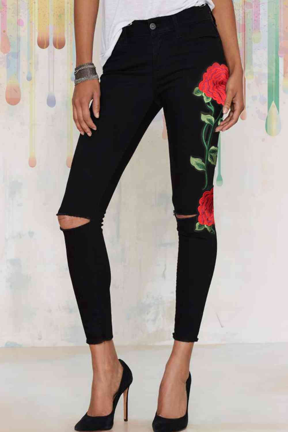 Full Size Rose Embroidery Cutout Jeans Trendsi