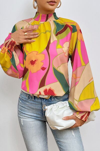 Floral Smocked Lantern Sleeve Mock Neck Blouse Trendsi