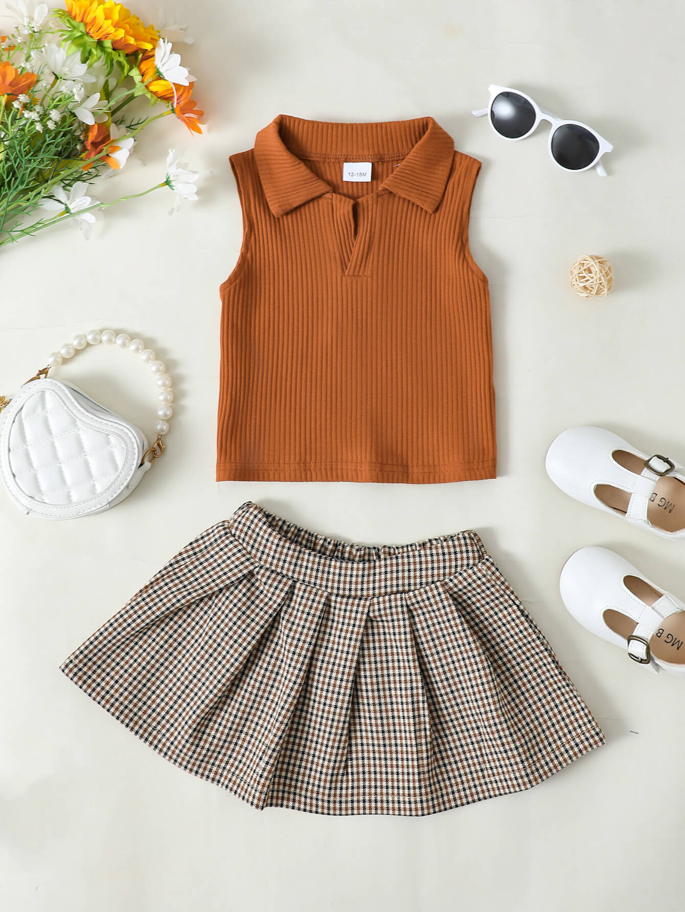 Girls Ribbed Sleeveless Top and Plaid Skirt Set Trendsi