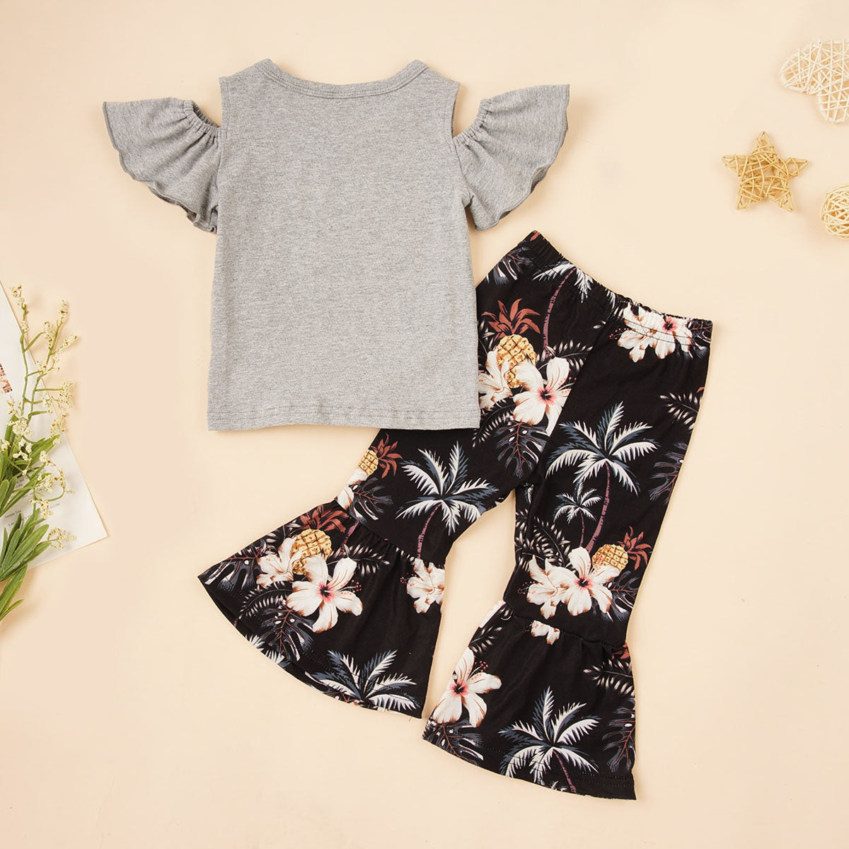 HELLO SUMMER Graphic Top and Floral Flare Pants Set Trendsi