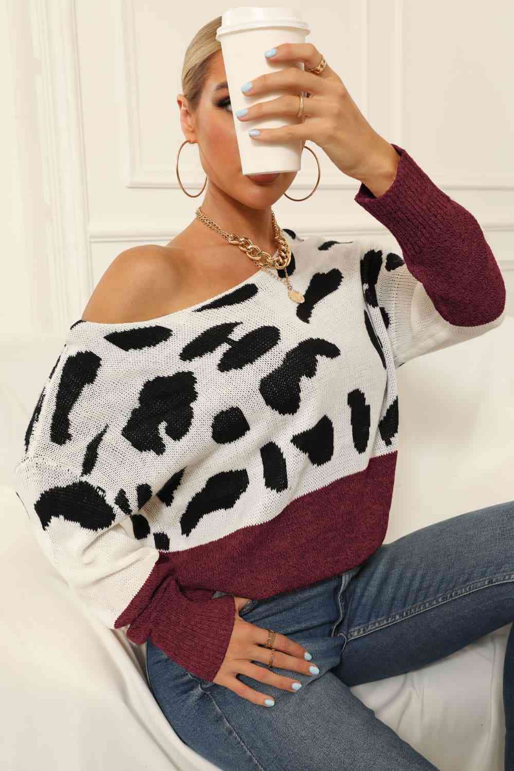 Full Size Two-Tone Boat Neck Sweater Trendsi