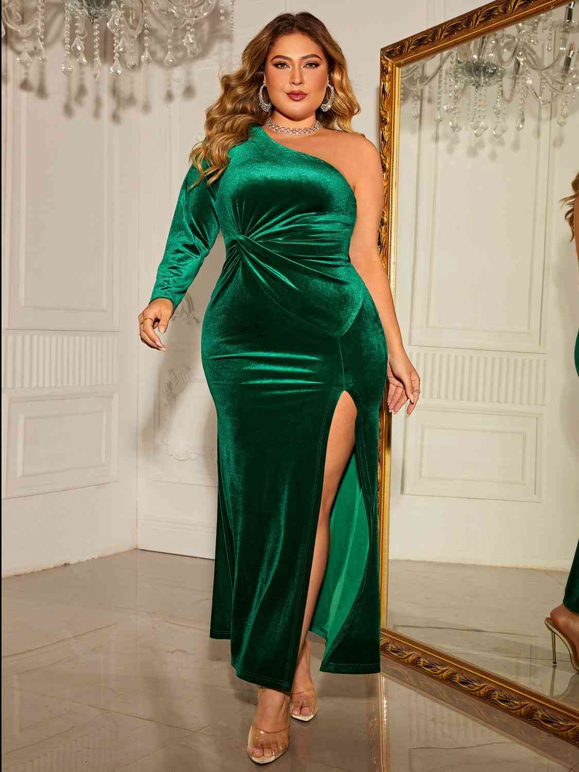 Plus Size One-Shoulder Twisted Split Dress Trendsi