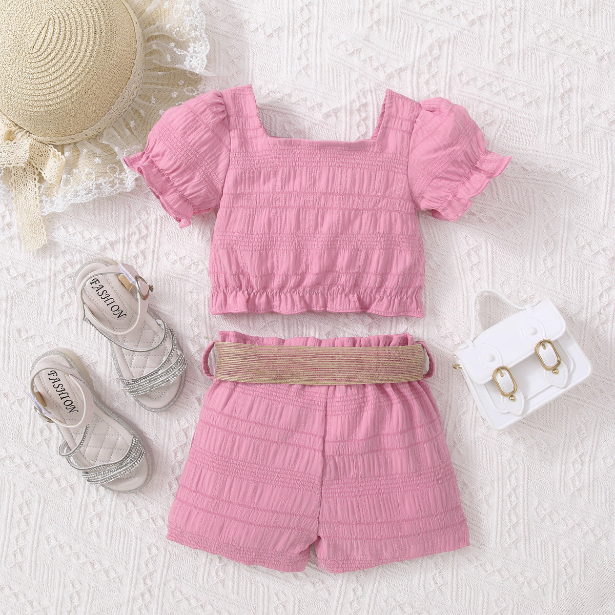 Kids Textured Bow Detail Top and Belted Shorts Set Trendsi