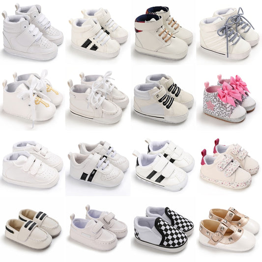 Baby Shoes Boy Girl Classical Sport Soft Sole PU Leather Multi-Color First Walker Casual Sneakers White Baptism Shoes Rose’Mon Retail