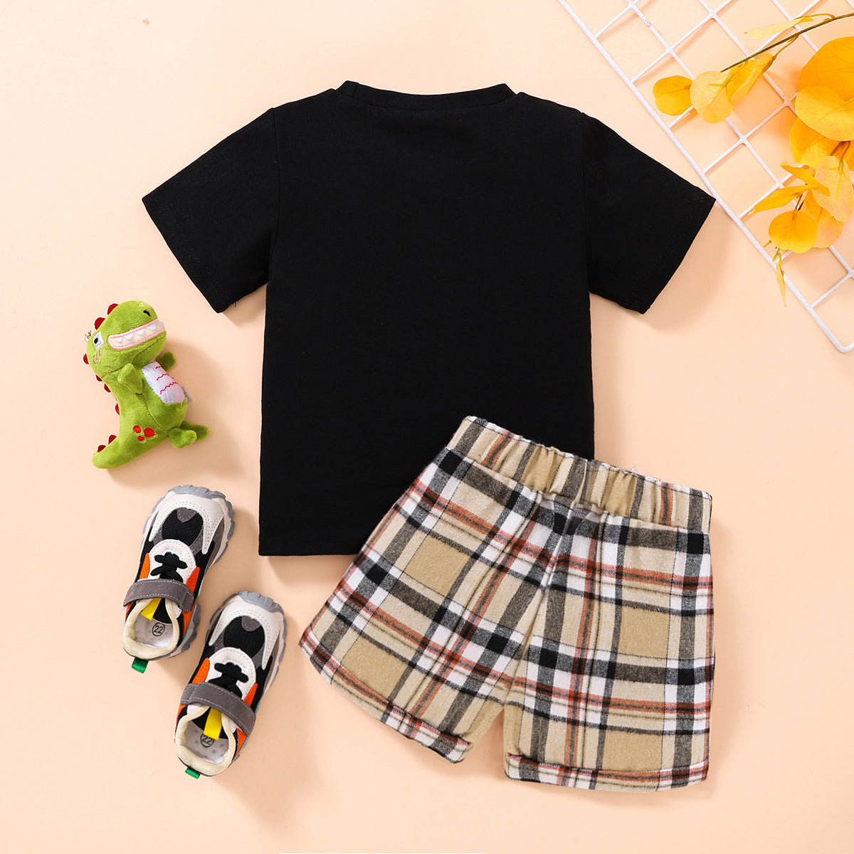 Kids Dinosaur Graphic Tee and Plaid Shorts Set Trendsi