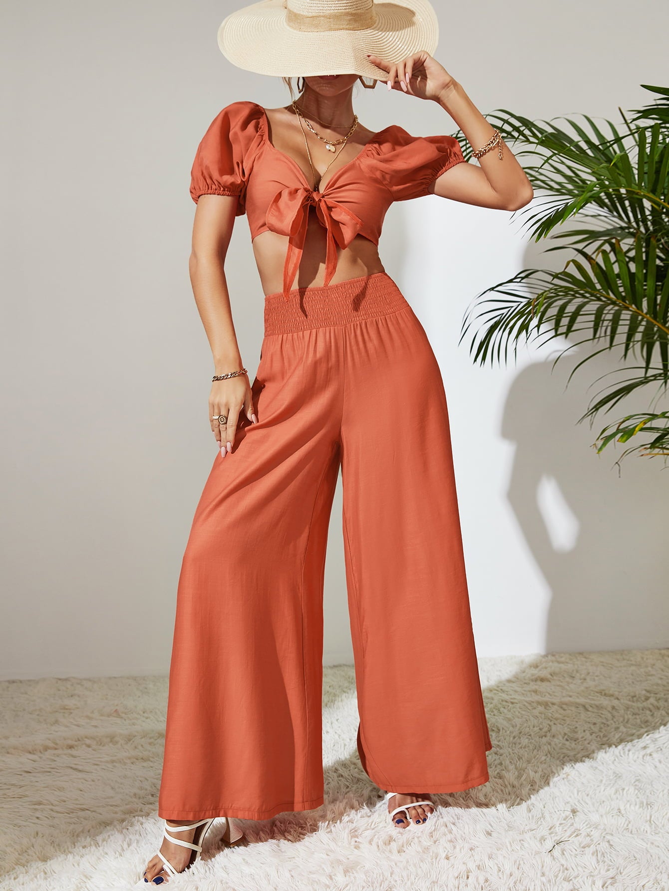 Tie Front Cropped Top and Smocked Wide Leg Pants Set Trendsi