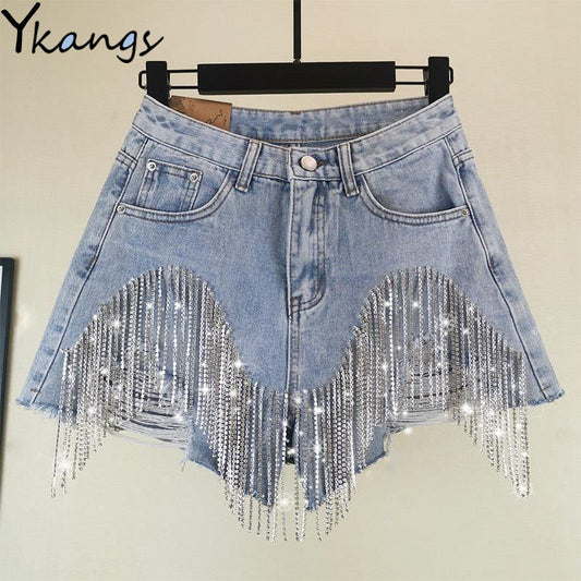 Tassel Rhinestone Denim Shorts Rose’Mon Retail