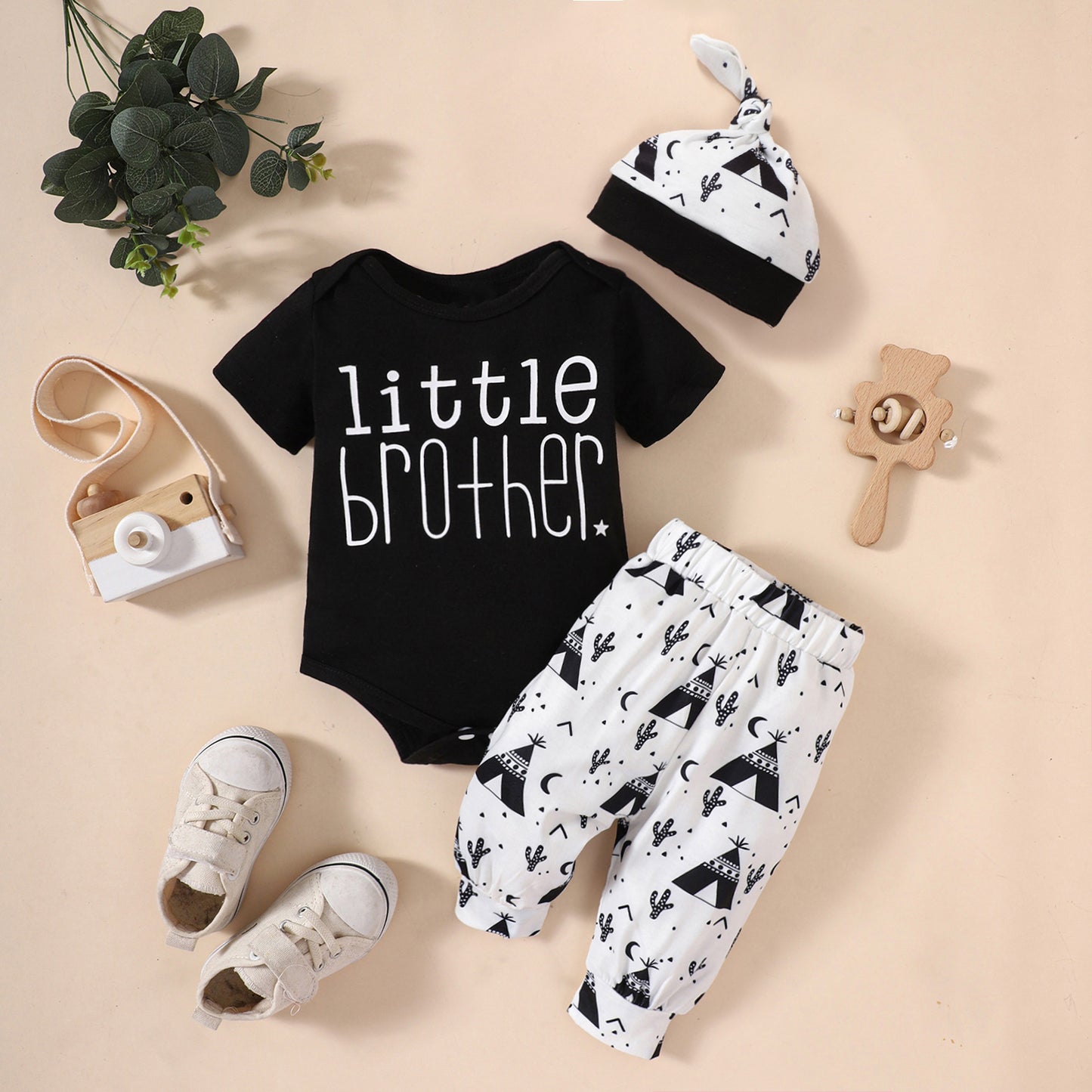 Baby LITTLE BROTHER Graphic Bodysuit and Printed Joggers Set Trendsi