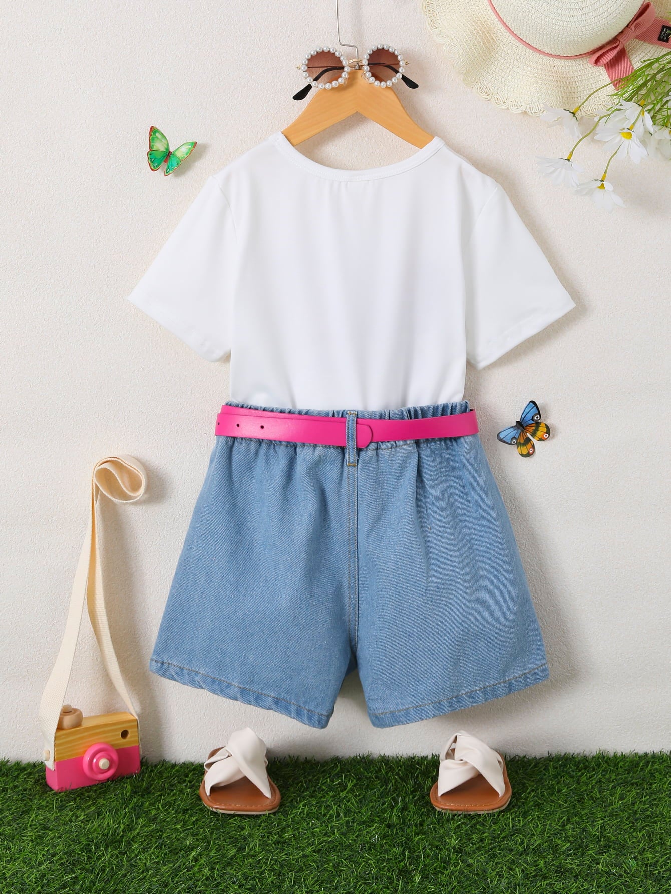 Butterfly Graphic Top and Belted Denim Shorts Set Trendsi