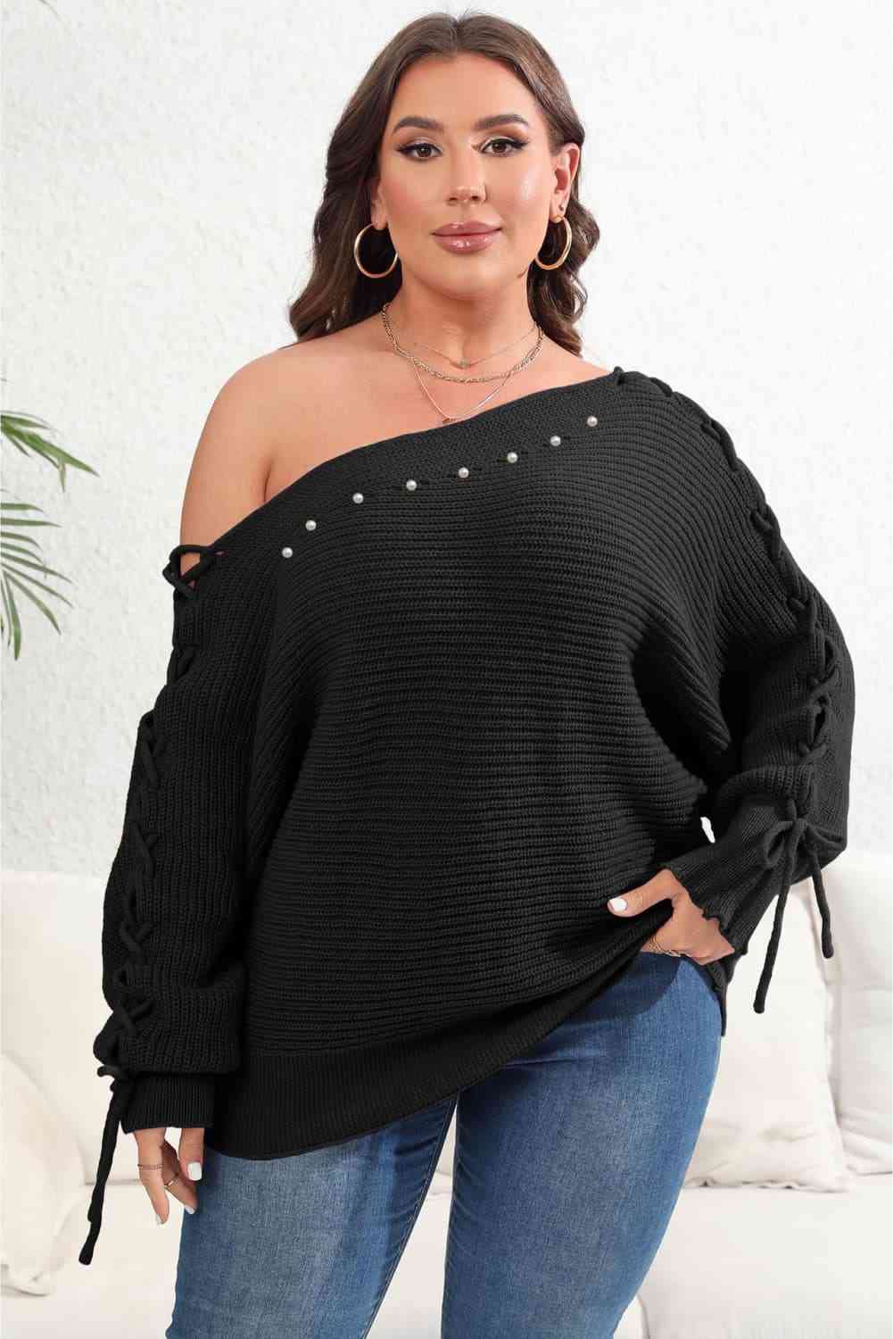 Plus Size One Shoulder Beaded Sweater Trendsi