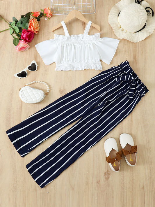 Frill Trim Cropped Top and Striped Pants Set Trendsi