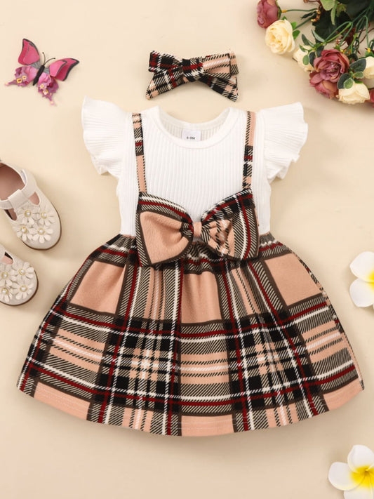 Girls Plaid Bow Detail Ribbed Dress Trendsi