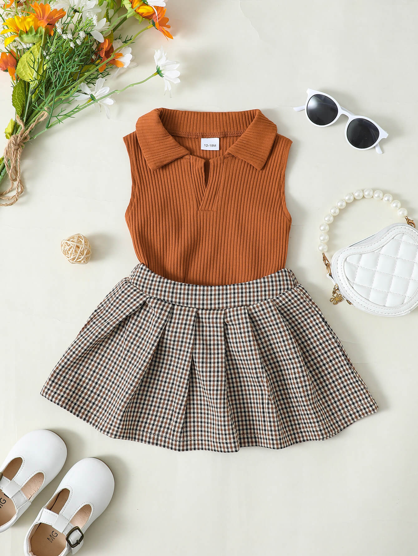 Girls Ribbed Sleeveless Top and Plaid Skirt Set Trendsi