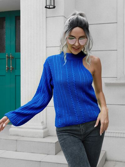 Cable-Knit Round Neck Asymmetrical Sweater Trendsi