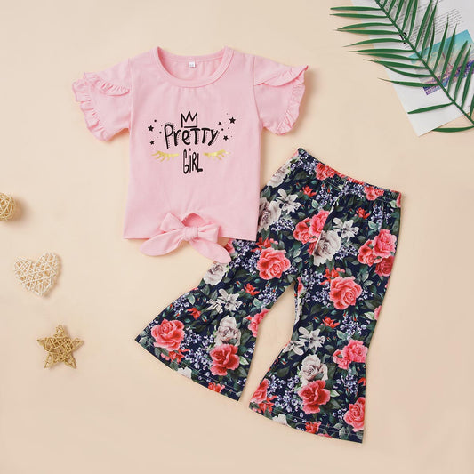 Round Neck PRETTY GIRL Graphic T-Shirt and Floral Print Pants Set Trendsi