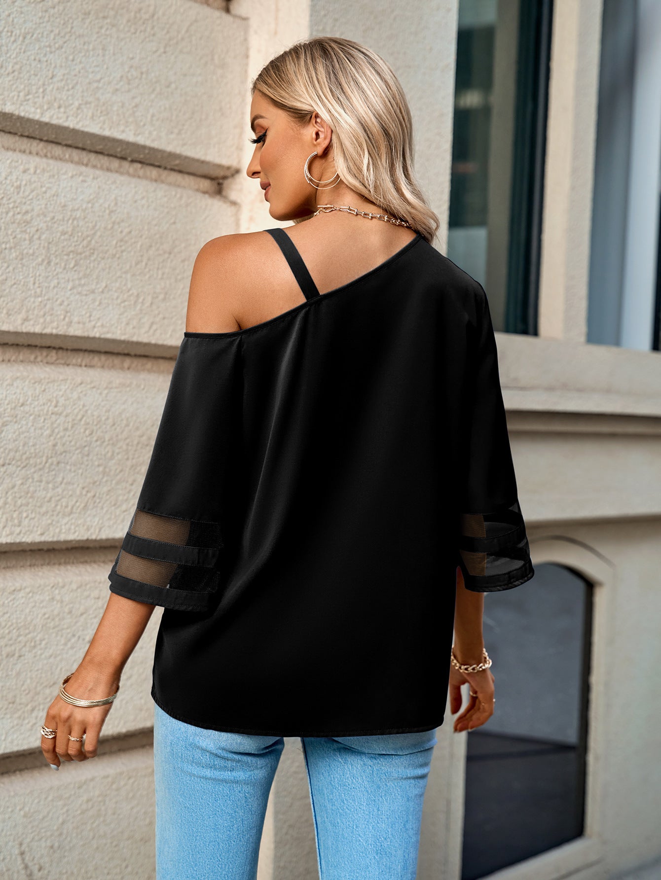 Asymmetrical Neck Sheer Striped Flare Sleeve Blouse Trendsi