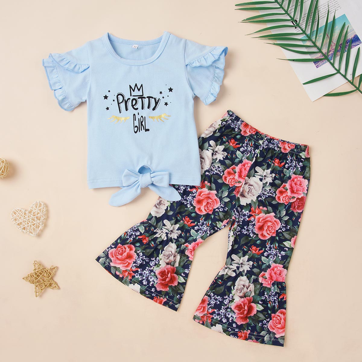 Round Neck PRETTY GIRL Graphic T-Shirt and Floral Print Pants Set Trendsi