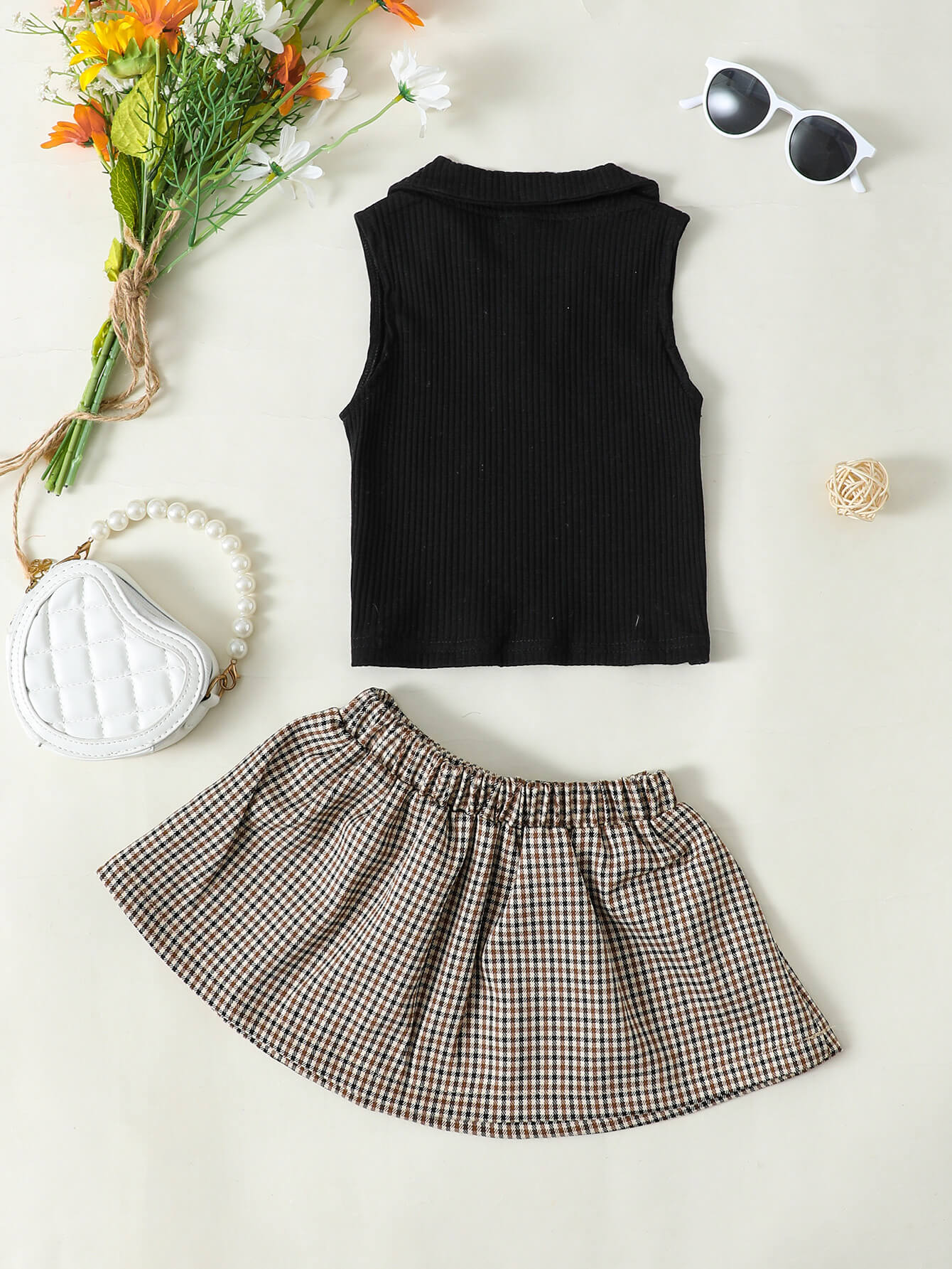 Girls Ribbed Sleeveless Top and Plaid Skirt Set Trendsi