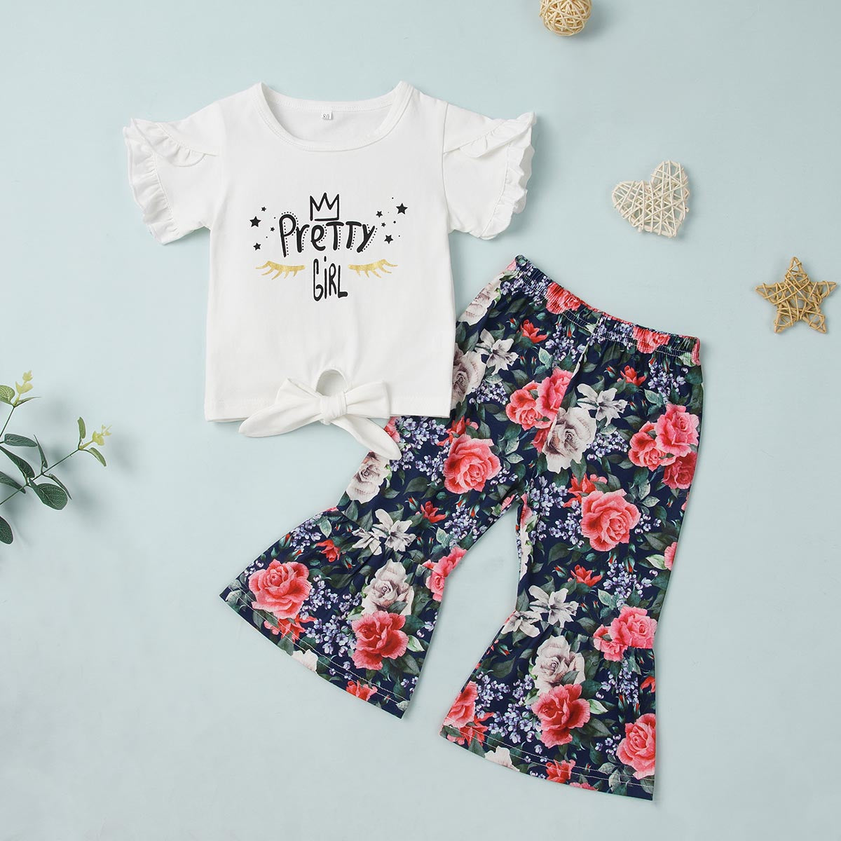 Round Neck PRETTY GIRL Graphic T-Shirt and Floral Print Pants Set Trendsi