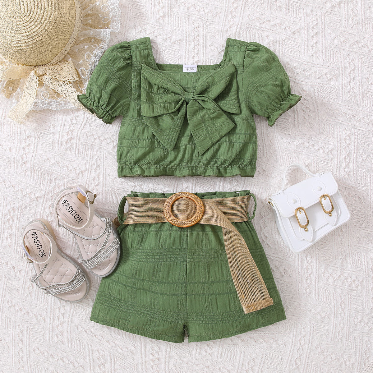 Kids Textured Bow Detail Top and Belted Shorts Set Trendsi