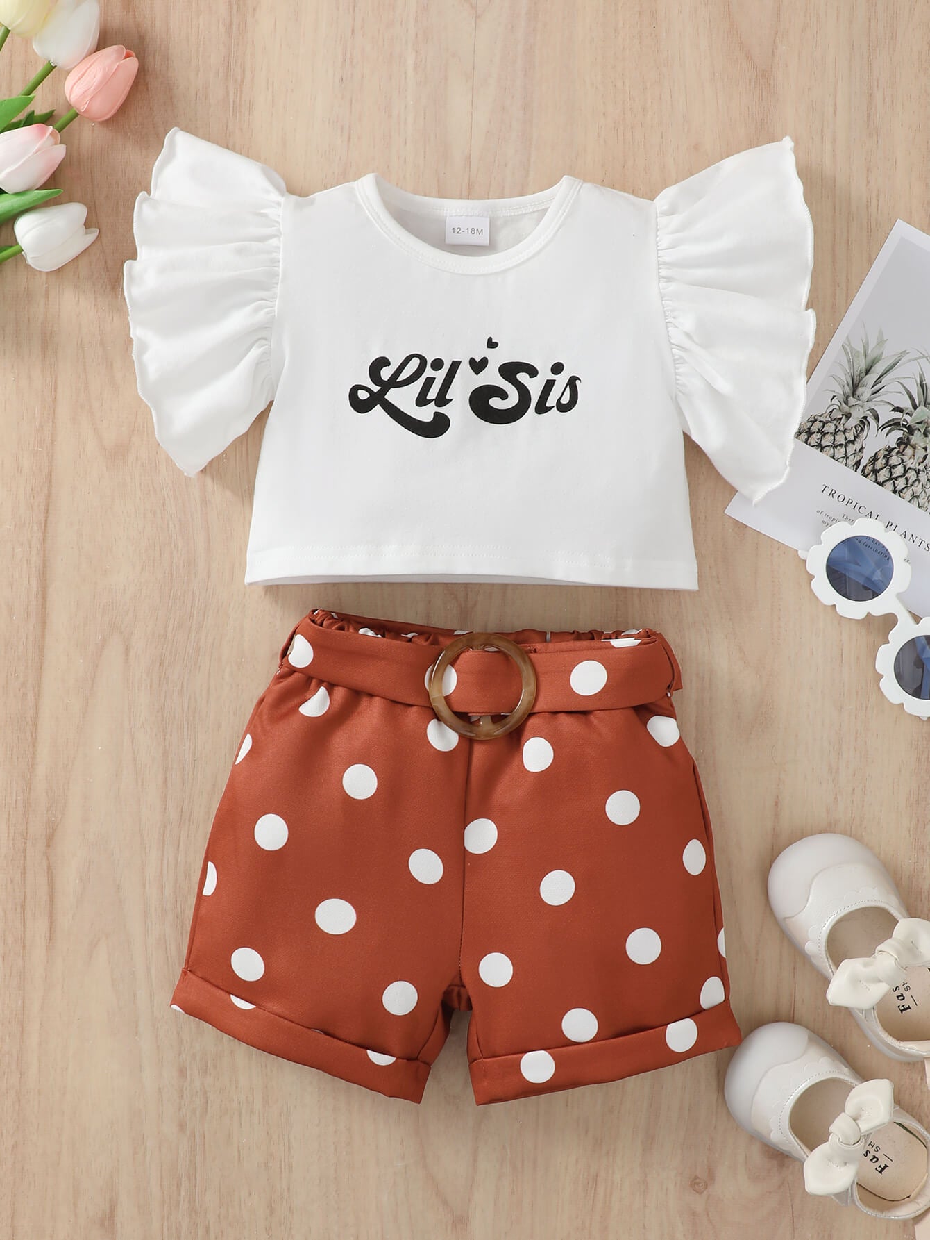 Girls Graphic Butterfly Sleeve Top and Polka Dot Shorts Set Trendsi
