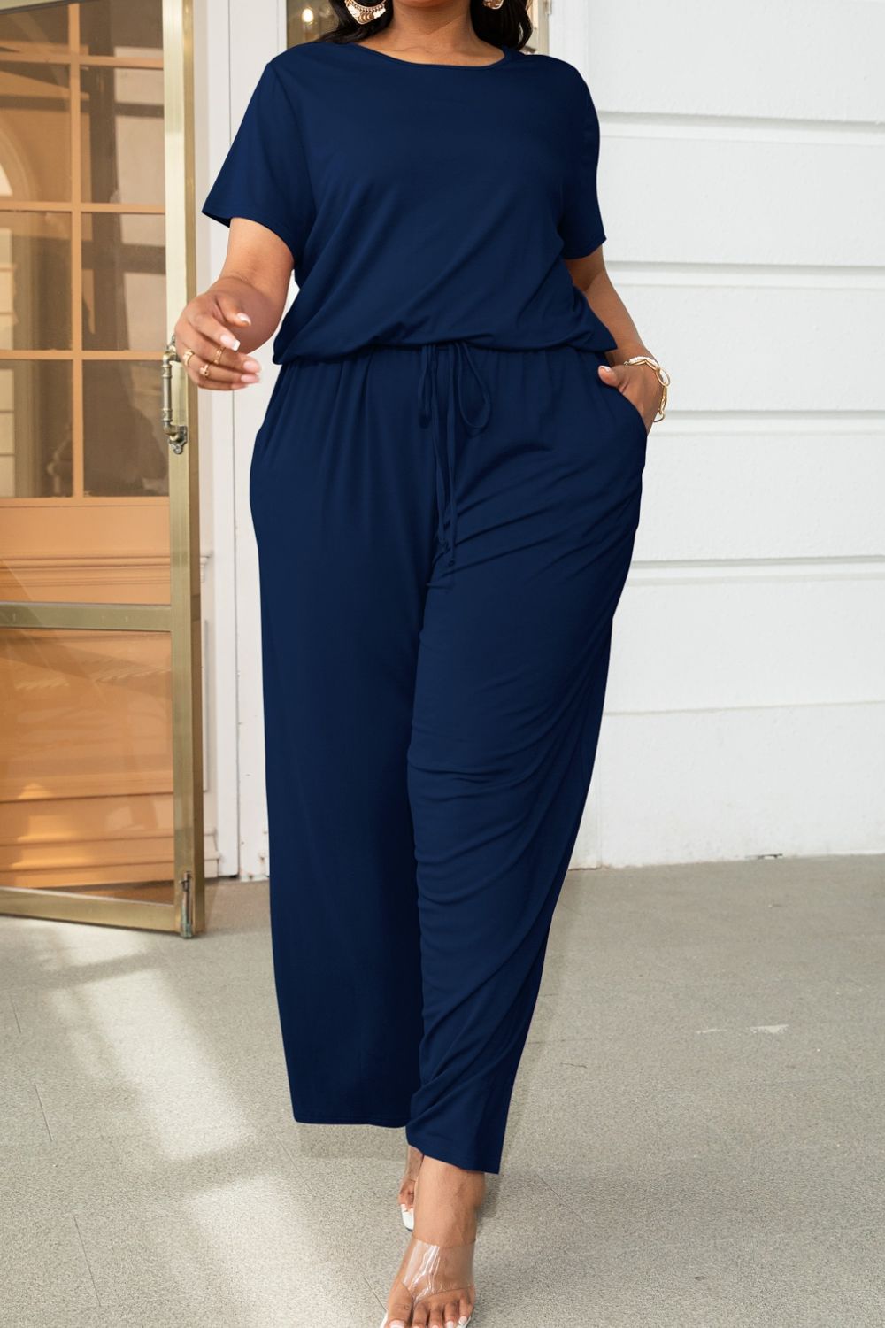 Plus Size Drawstring Waist Short Sleeve Jumpsuit Trendsi