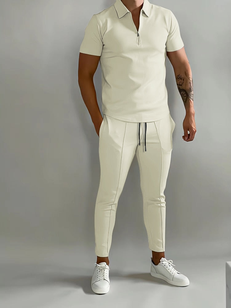 Men’s Summer Casual Short Sleeve Shirt Calf pants 2-piece set