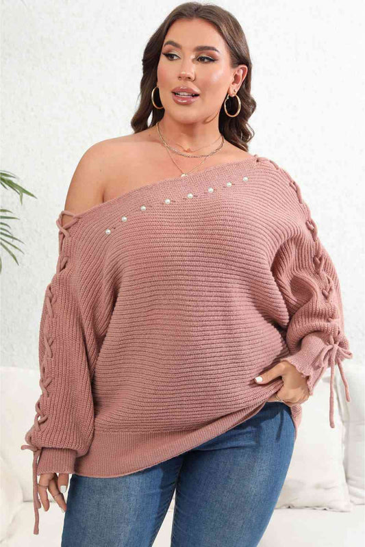 Plus Size One Shoulder Beaded Sweater Trendsi