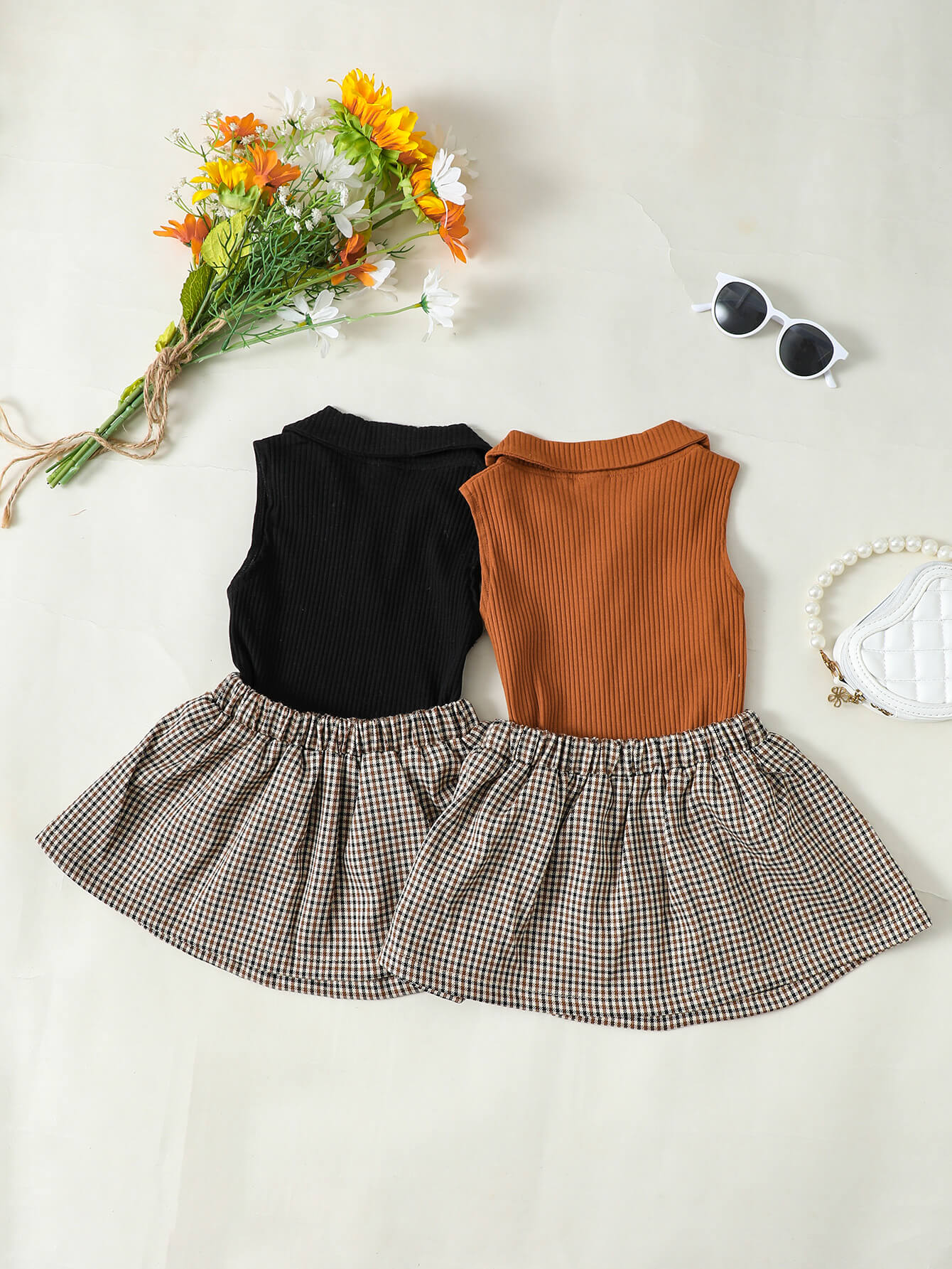 Girls Ribbed Sleeveless Top and Plaid Skirt Set Trendsi