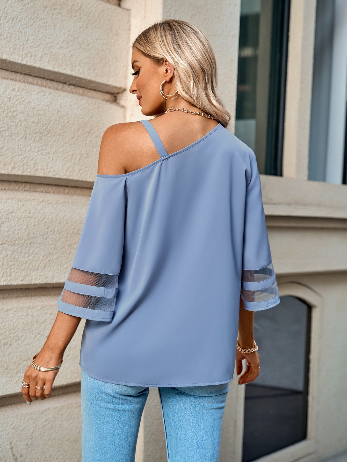 Asymmetrical Neck Sheer Striped Flare Sleeve Blouse Trendsi