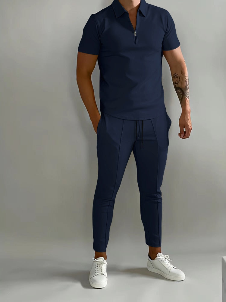 Men’s Summer Casual Short Sleeve Shirt Calf pants 2-piece set