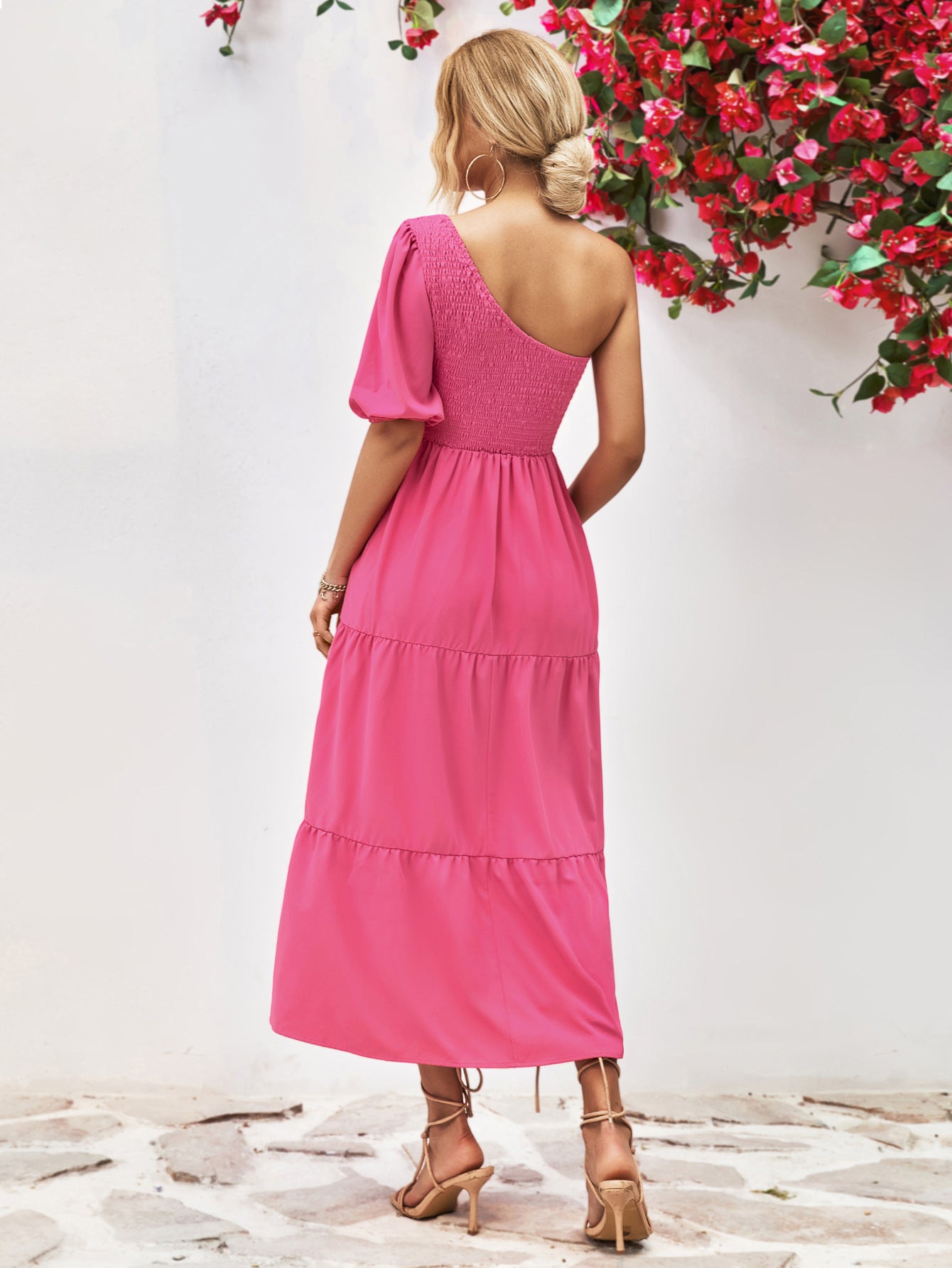 Smocked One-Shoulder Midi Dress Trendsi