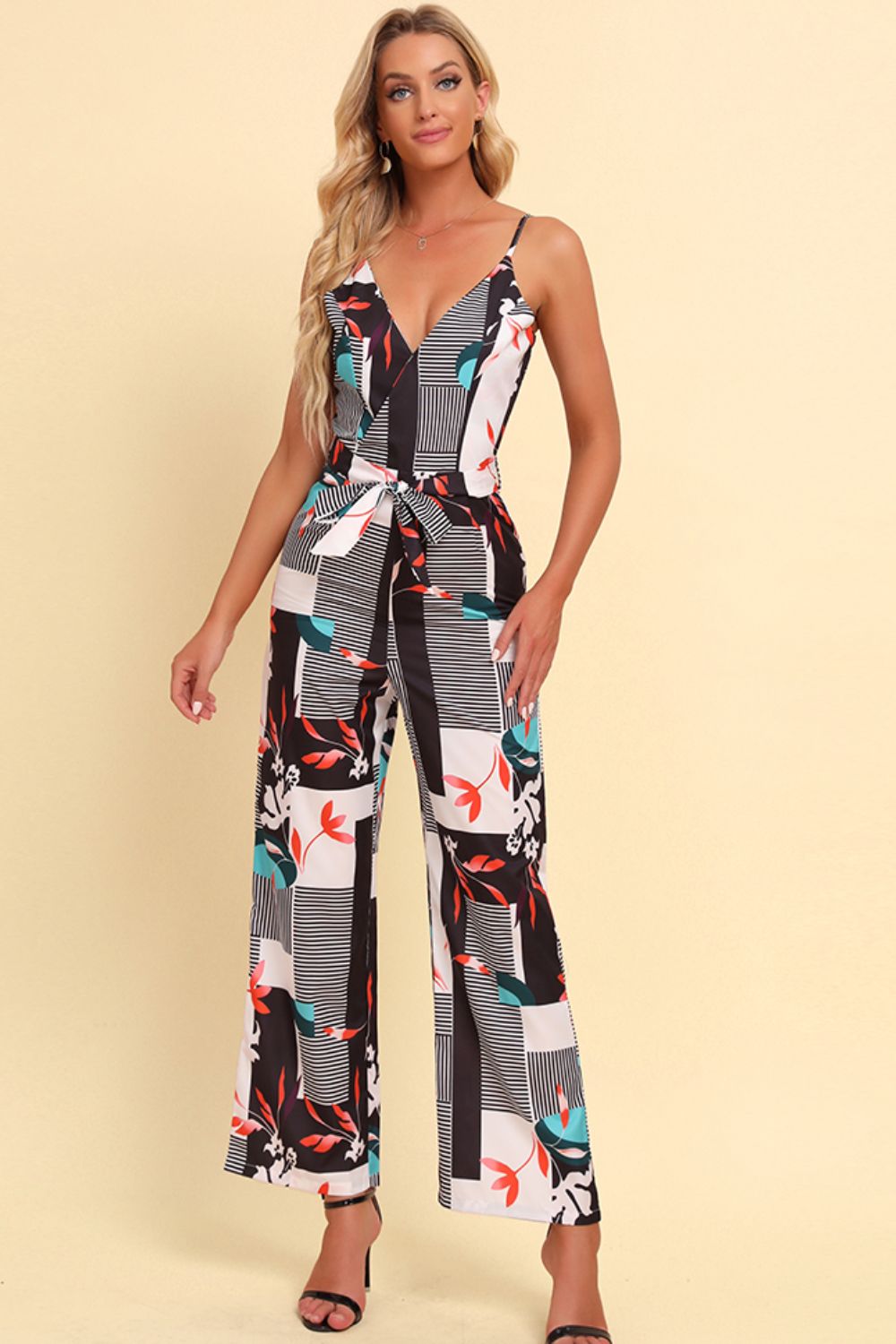 Printed Spaghetti Strap Tied Jumpsuit Trendsi