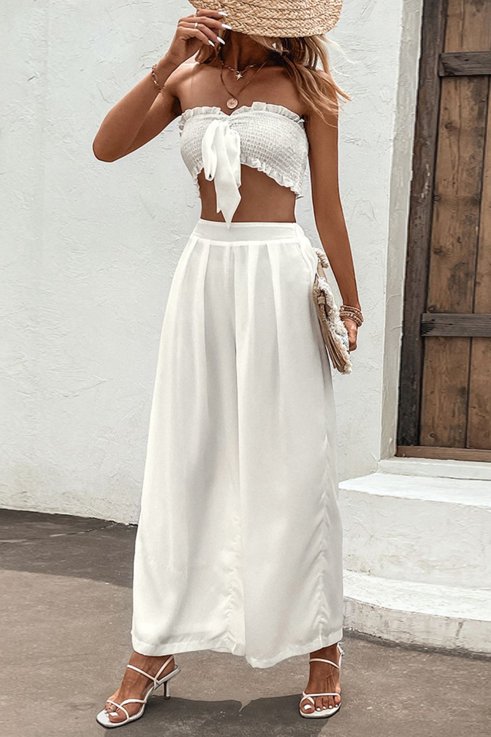 Smocked Tube Top and Wide Leg Pants Set Trendsi