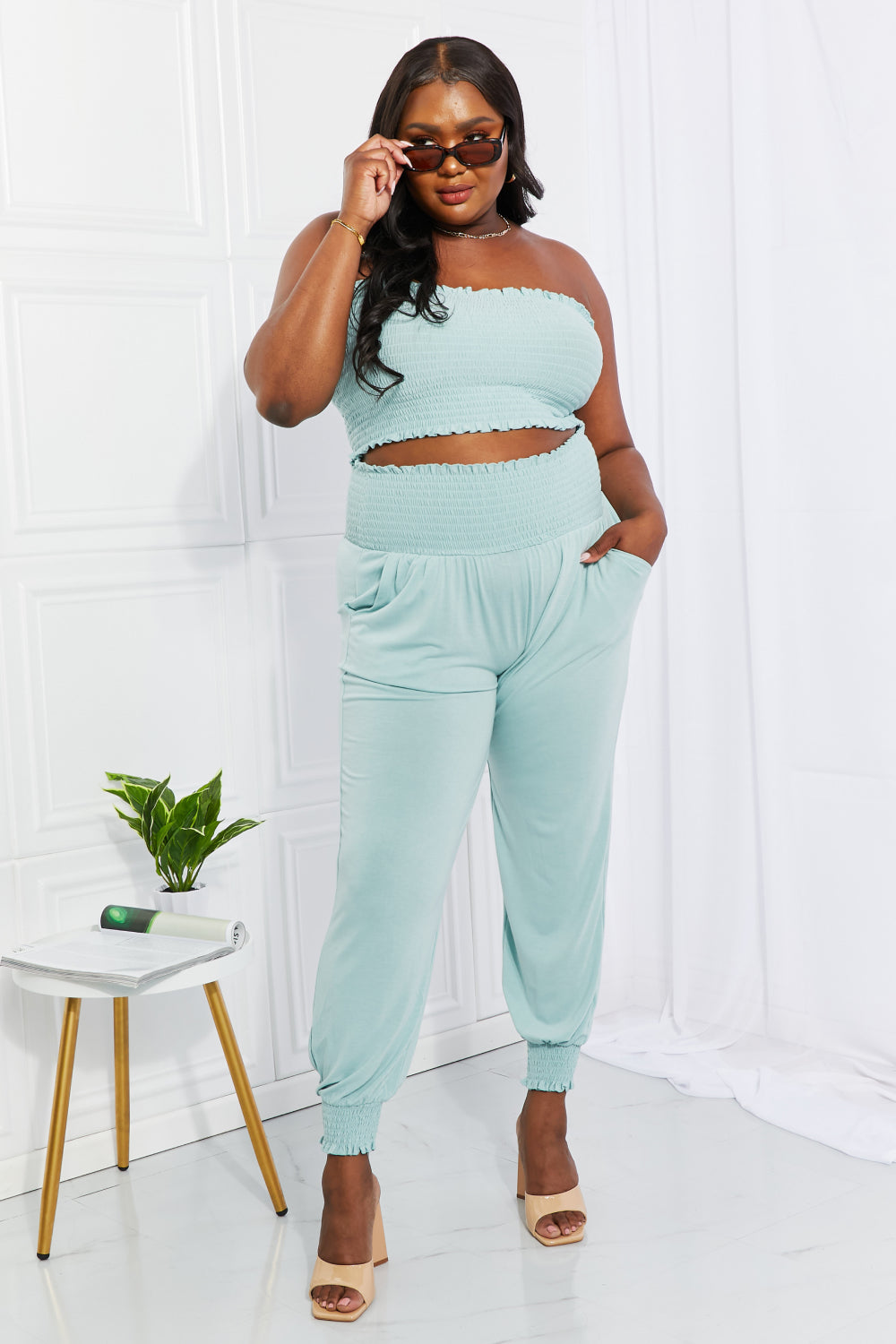 Zenana Full Size Stylish Comfort Smocked Tube Top & Joggers Set Trendsi