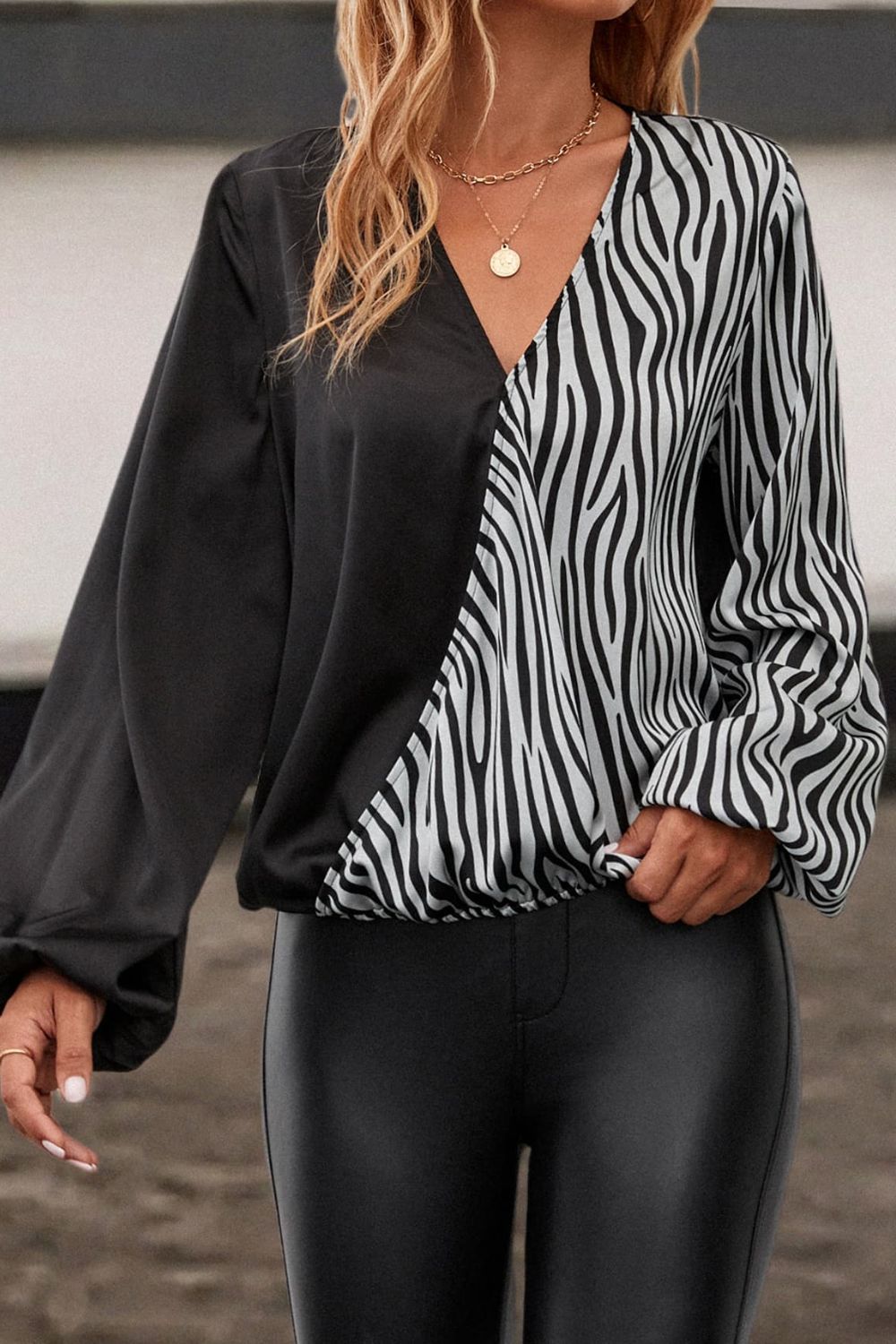 Animal Print Color Block Balloon Sleeve Blouse Trendsi