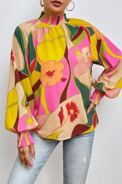 Floral Smocked Lantern Sleeve Mock Neck Blouse Trendsi