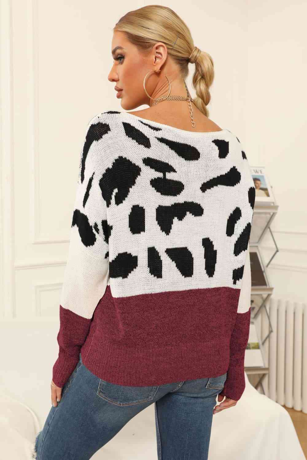 Full Size Two-Tone Boat Neck Sweater Trendsi