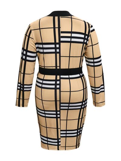 Plus Size Plaid V-Neck Long Sleeve Wrap Dress Trendsi