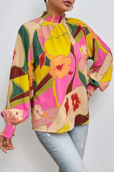 Floral Smocked Lantern Sleeve Mock Neck Blouse Trendsi