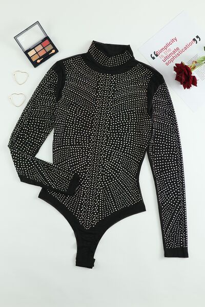 Rhinestone Mock Neck Long Sleeve Bodysuit Trendsi