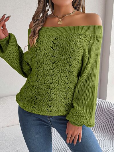 Openwork Off-Shoulder Long Sleeve Sweater Trendsi